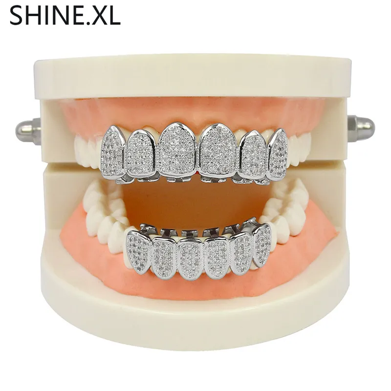 Gold Silver Plated Hip Hop Vampire Teeth Grillz Top and Bottom Iced Out Micro Pave CZ Stone Bling Body Jewelry9402593