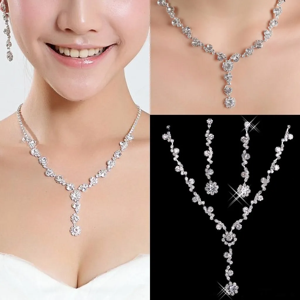 2020 Nya Hot Crystal Rhinestones Silver Plated Halsband Sparkly Örhängen Bröllop Smycken Satser för Brud Bridesmaids Kvinnor Brudtillbehör