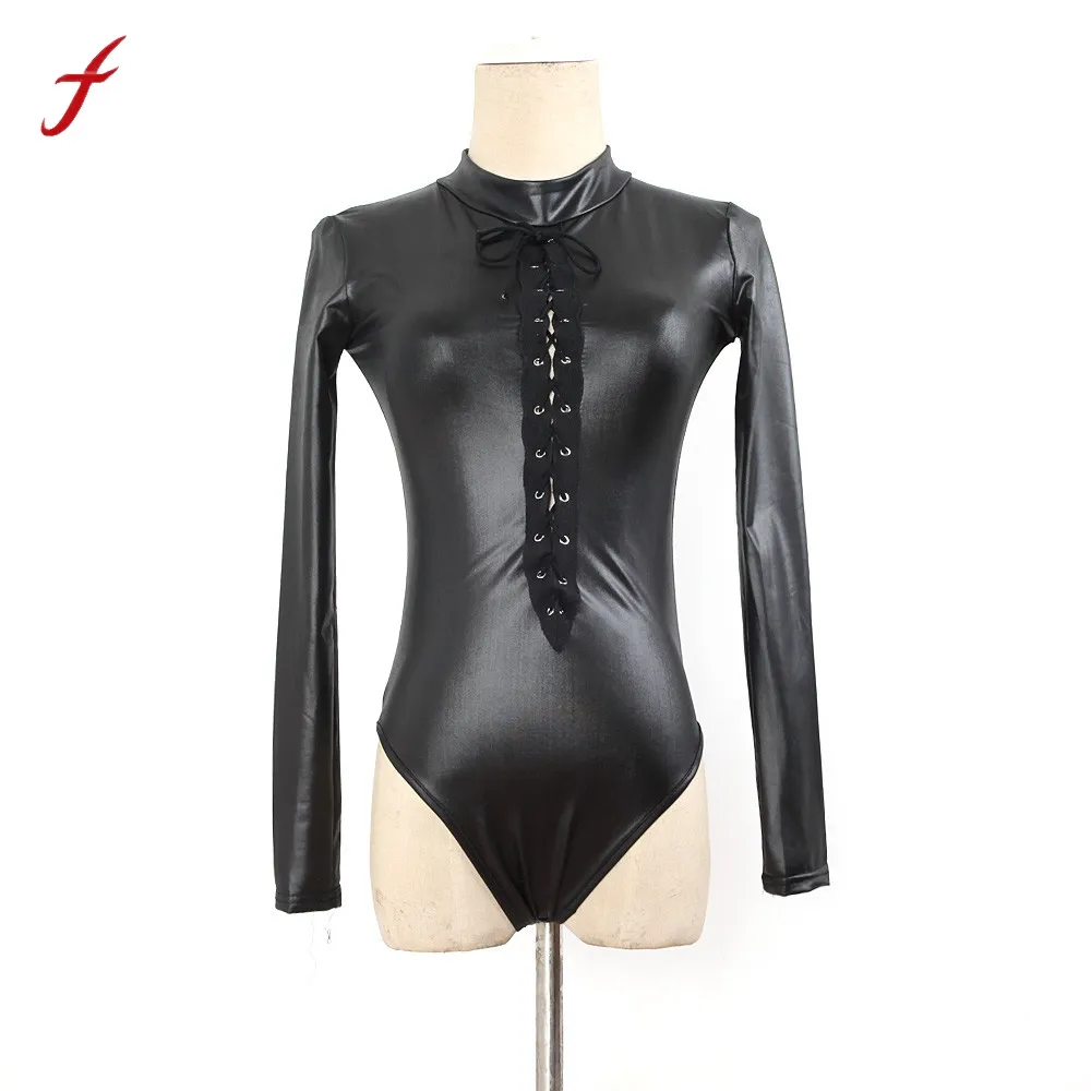 2017 Hot Super Sexy Adult Black Catwomen Jumpsuit PVC Leather Like Tight Coverall Bodysuits for Women Body Suits Party wear