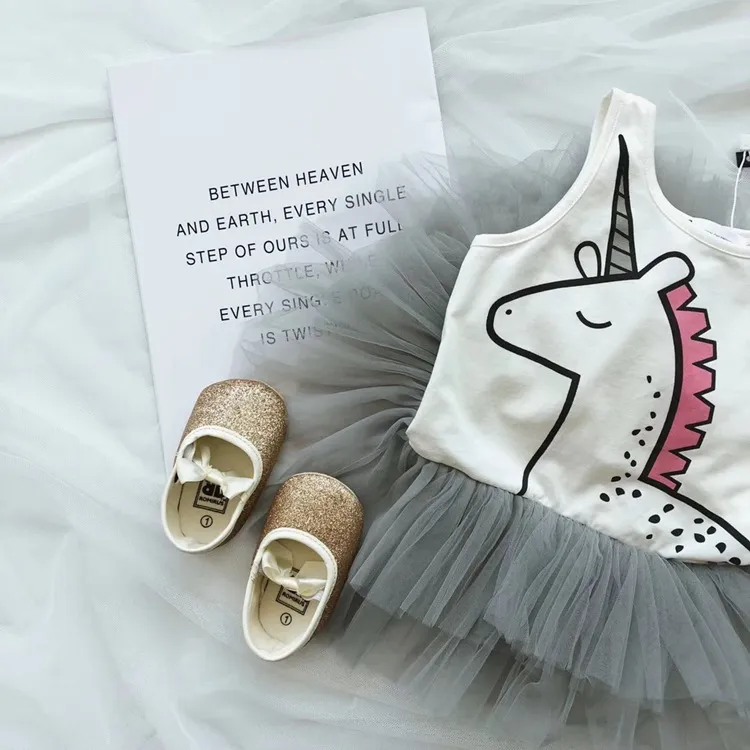 2018 Lato Dziewczynka Ubrania Cute White Cartoon Unicorn Romper Sukienka Dziewczyny Bez Rękawów Tank Dress Baby Tutu Pani Dzieci Odzież