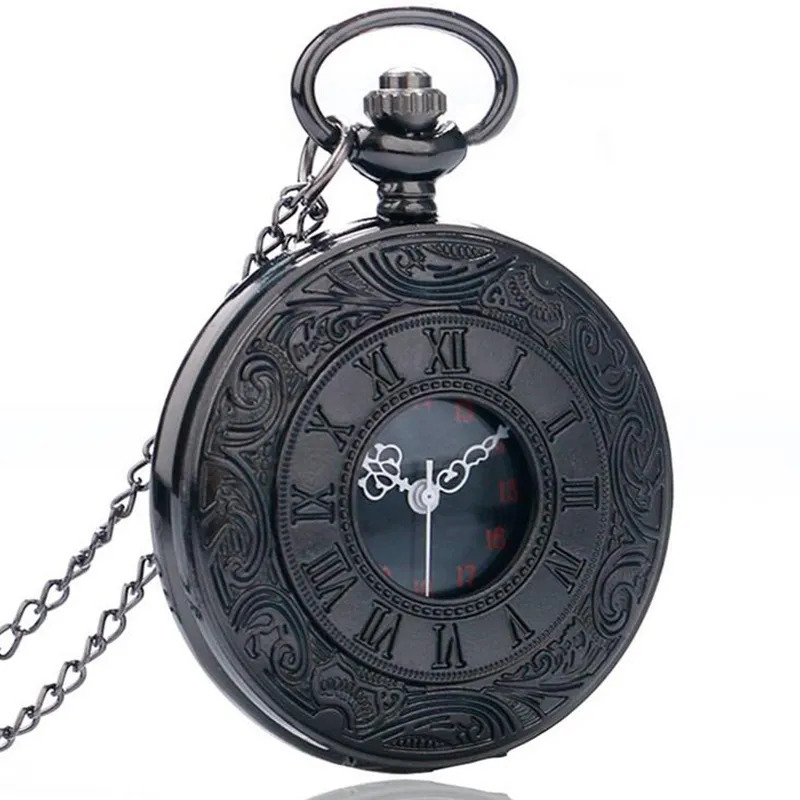 Vintage Charm Black Unisex Fashion Roman Number Quartz Steampunk Zakhorloge Vrouwen Man Ketting Hanger Met Ketting Geschenken