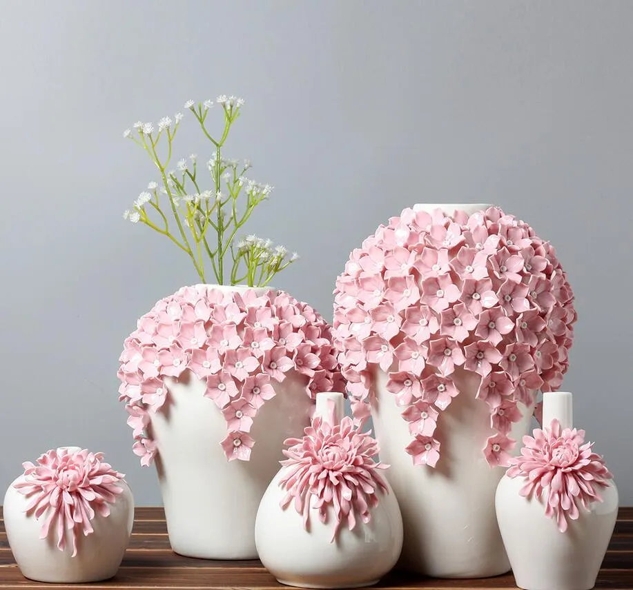 Keramische roze daisy bloemen vaas home decor grote vloer vazen ​​voor bruiloft decoratie keramische handwerk porseleinen beeldjes