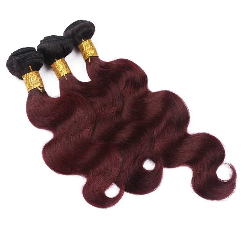 Peruanska vinröda ombre mänskliga hårbuntar med full fronna kroppsvåg # 1b / 99j Burgundy Ombre Lace Frontal Closure 13x4 med väv