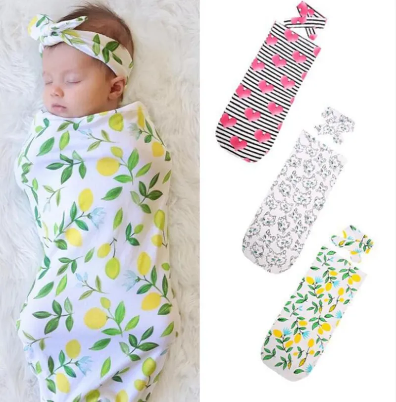 Nyfödda baby sovsäckar hårband set ins djur print swaddling filtar toddler vinter wraps spädbarn plantskola sängkläder sömn säckar ll638