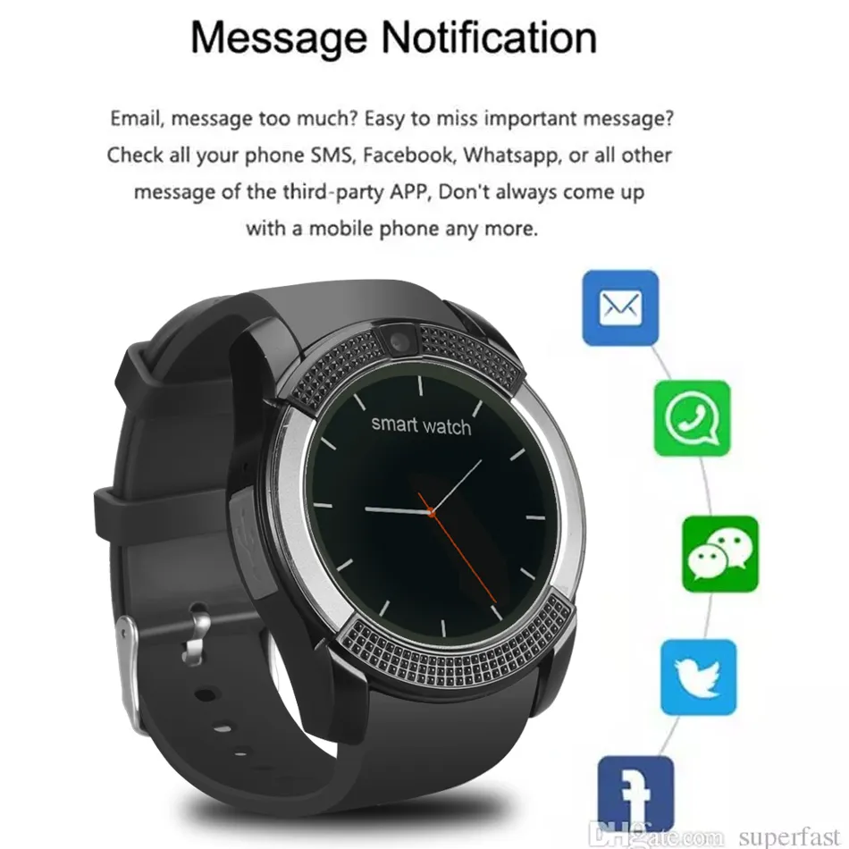 V8 Smart Watch Wristband Watchband med 03M Camera Sim IPS HD Full Circle Display för Android System med Box8326361