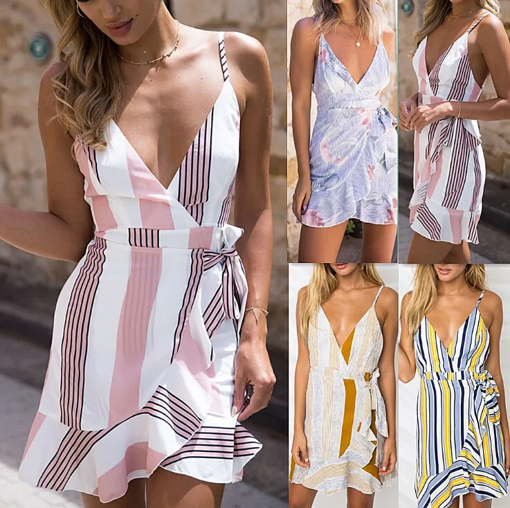 Vestidos de hilo sexy para mujer Vestido de rayas con cintura definida Ropa de mujer Vestidos informales irregulares