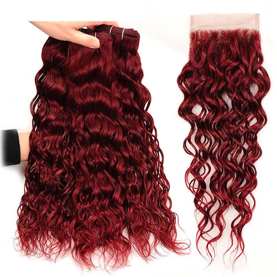 # 99J Borgonha Malásia Onda de Água Humano 3 Pacotes com 4x4 Lace Fechamento 4 pcs Vinho Vermelho Mink Wet e Wavy Virgem Weave Weave