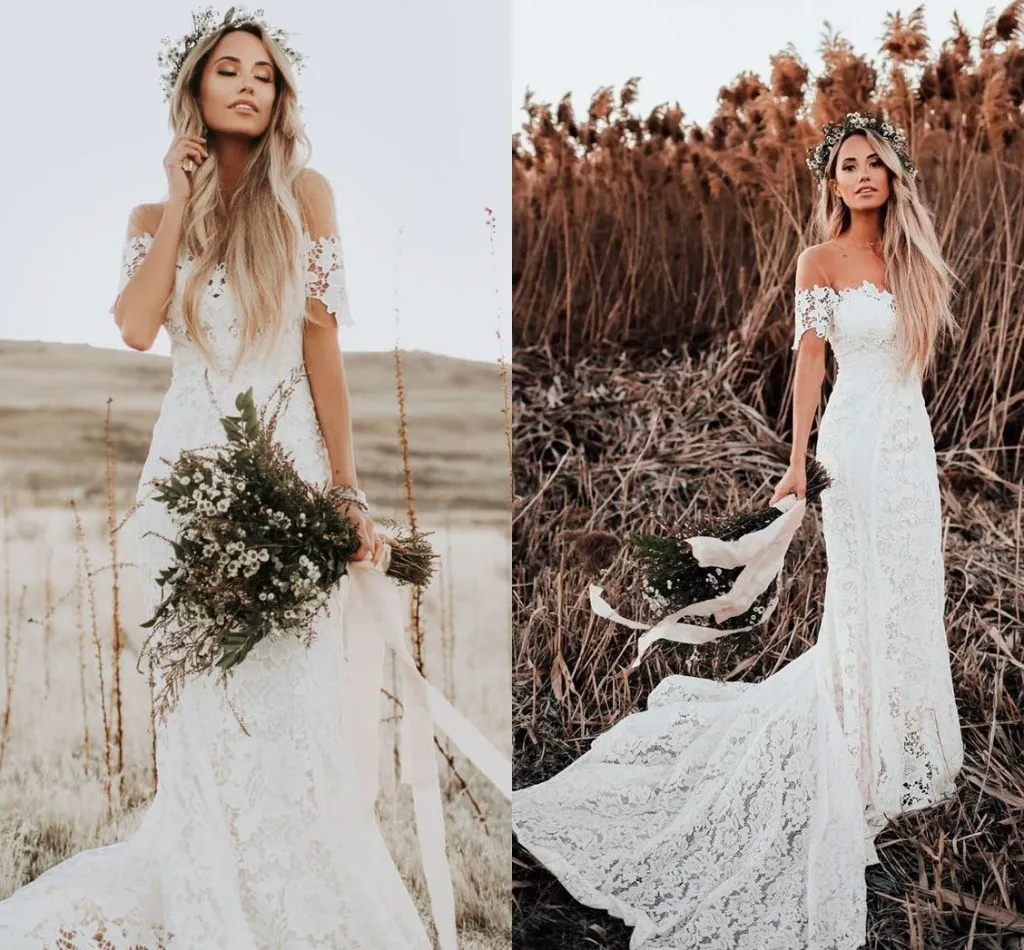 2018 Lover Society Mermaid Trouwjurken Bescheiden Civil Vintage Haak Lace Off Shoulder Country Farm Garden Boho Fishtail Bruidsjurk