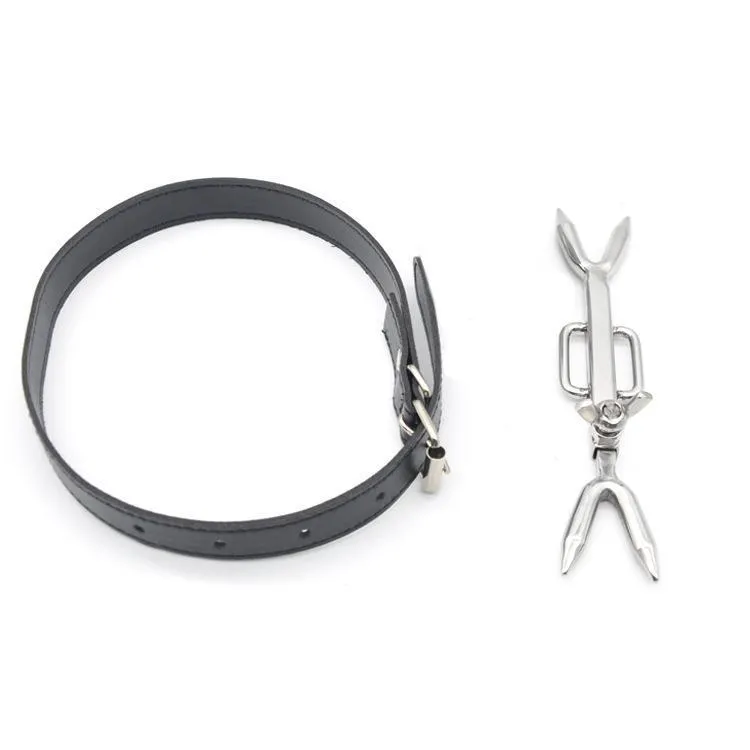 Bondage Black Stainless steel Heretics Fork Leather Neck Collar Bondage Restraint #R32