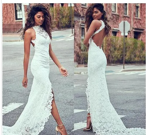 Sexy Beach Wedding Dress Middle Slit Keyhole Back Lace Bodice Boho ...