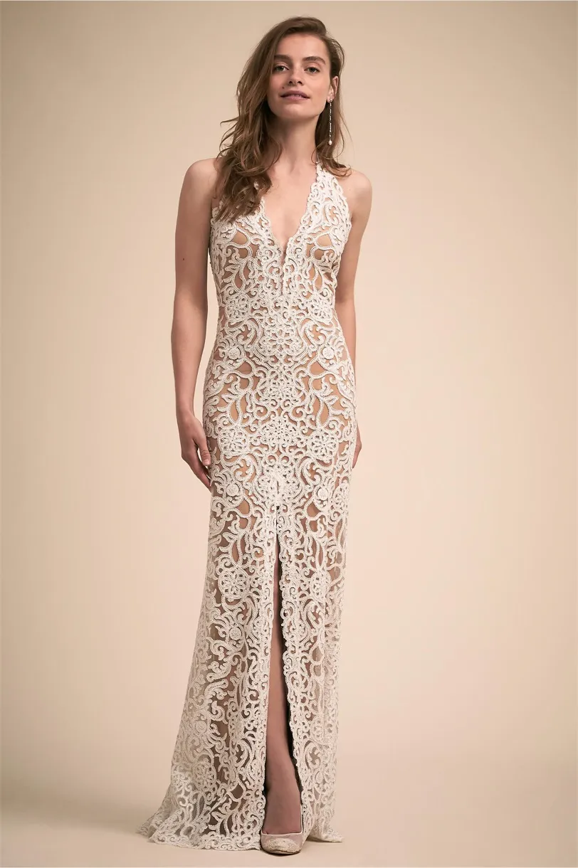 2018 BHLDN Mermaid crochet wedding dress with High Split, Front Halter, Sheer Neckline, Lace Applique, and Backless Design - Vestidos de Novia Bridal