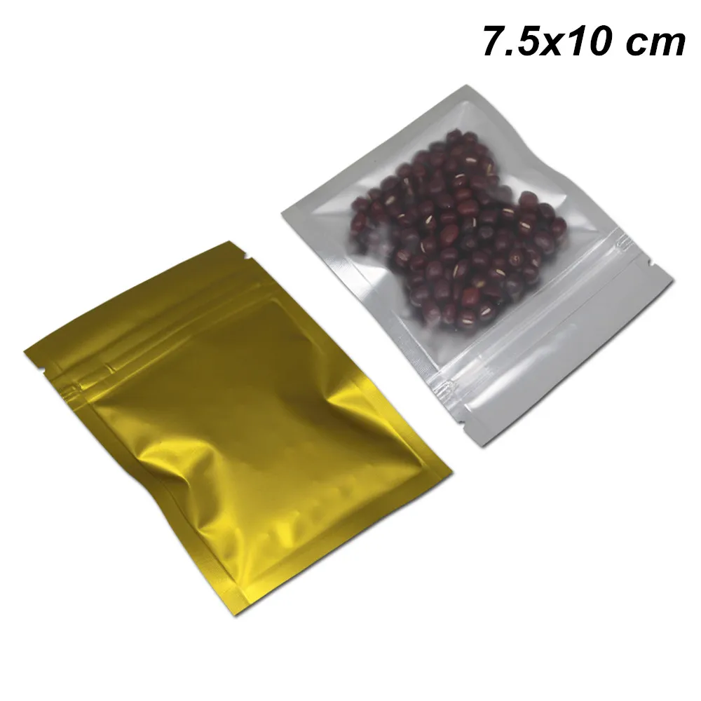 Bloqueo de la cremallera 7.5x10cm Claro / hoja de oro de Mylar de ultramarinos reutilizable bolsas reajustables del papel de aluminio alimentos a largo plazo de la bolsa de almacenamiento para la merienda de dulces frutos secos