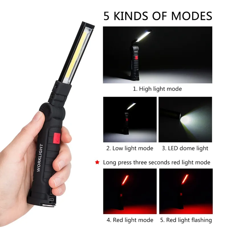 Edison2011 Portable 5 Mode COB Flashlight Torch USB Raddningsbart LED -arbetsljus magnetisk cob lantera hängande kroklampa för outdoo3082578