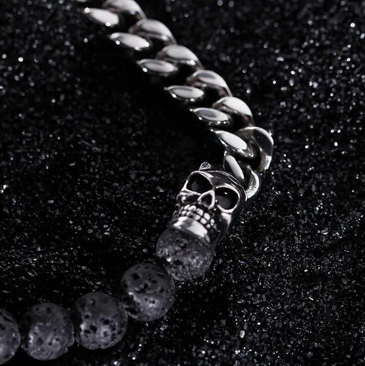 Perline di pietra lavica vulcanica nera con braccialetti con teschio in acciaio inossidabile color oro Braccialetti con catena a maglia cubana Bracciale punk uomo Wr216w