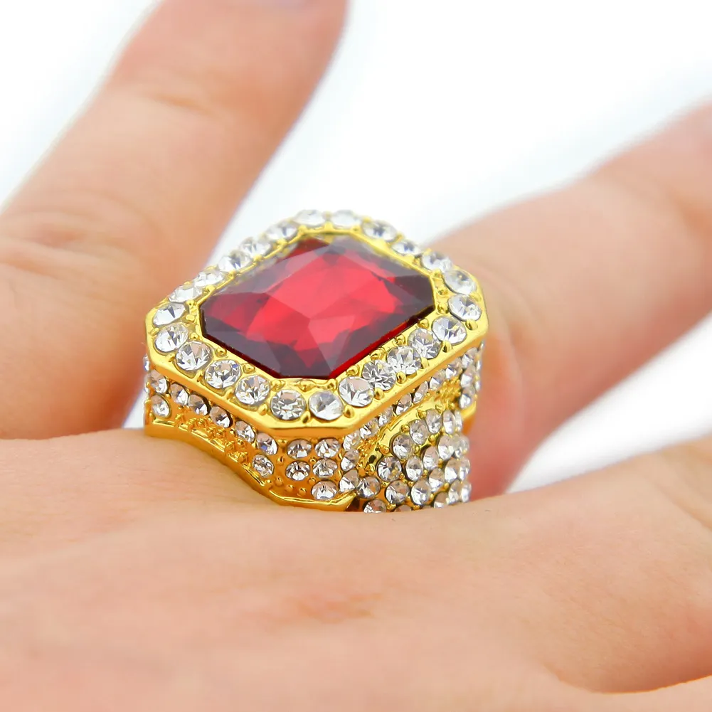 Mens Hip-Hop Full Diamond Rings Micro Pave Crystal Big Red Black Green Blue Stone Square Gold Silver Color Ring309u