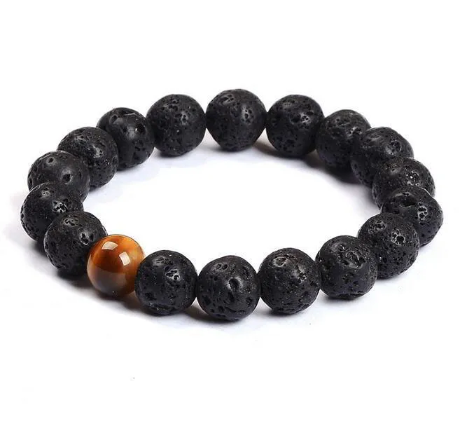 Atacado Natural Lava Rock stone Venda Popular lava beads pulseira Lavastone Pulseira com contas de olho de Tigre 8mm bola pulseira