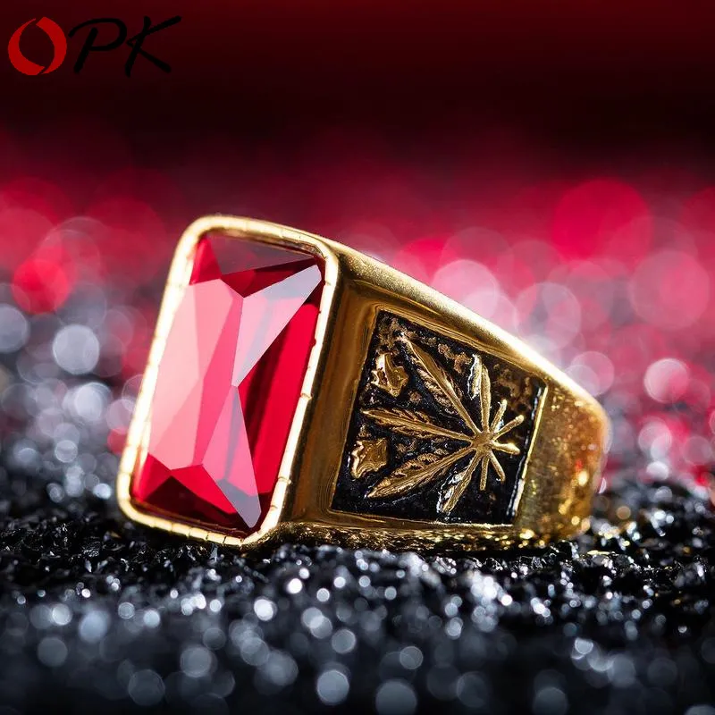 Ny Punk Domineering Titanium Stål Maple Leaf Ringar För Män Blood Red White / Gold / Black Cubic Zirconia Inlagda Man Finger Bands