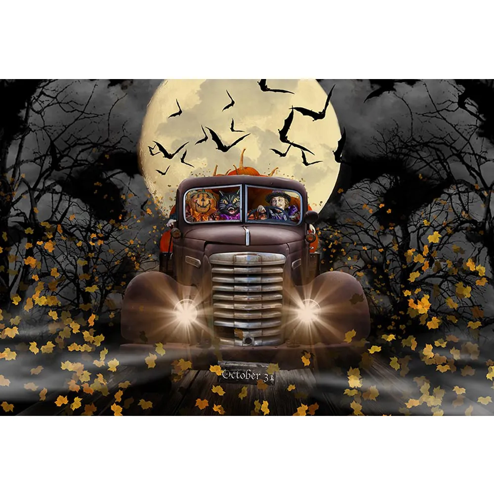 Sfondo fotografico di Halloween felice stampato notte orribile luna piena foglie d'acero vecchie zucche per auto sfondo per foto di feste per bambini