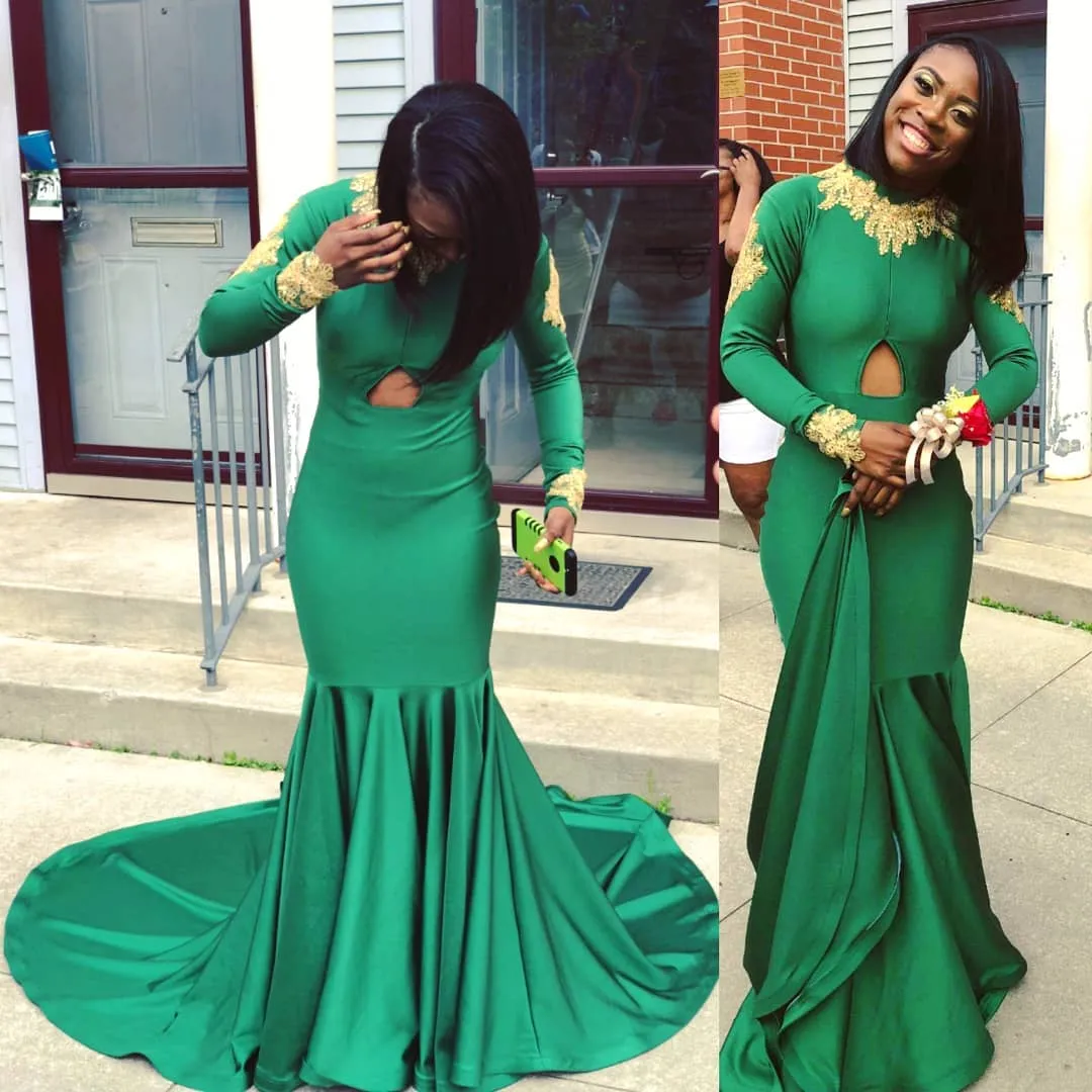 DHgate Enchanting Dark Green Mermaid Evening Gown with Gold Applique Jewel Neck Long Sleeves and Floor Length Hem by Yousef Aljasm Wedding Party Events