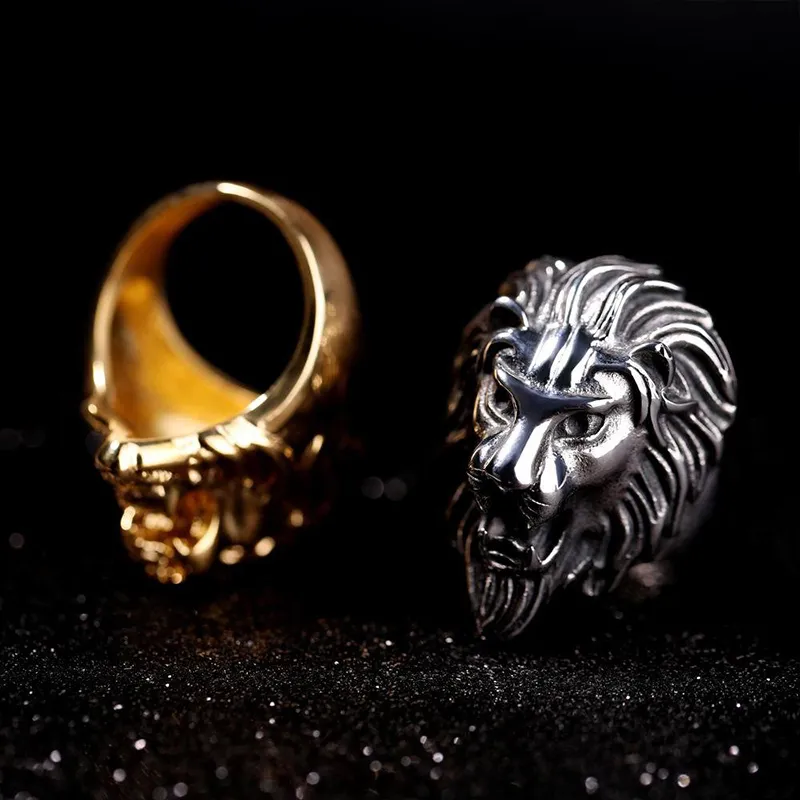 Mode Lion Band Ring Gold Steel Color Mens Rings zware mentale punkstijl Gothic Biker Designer sieraden4679946