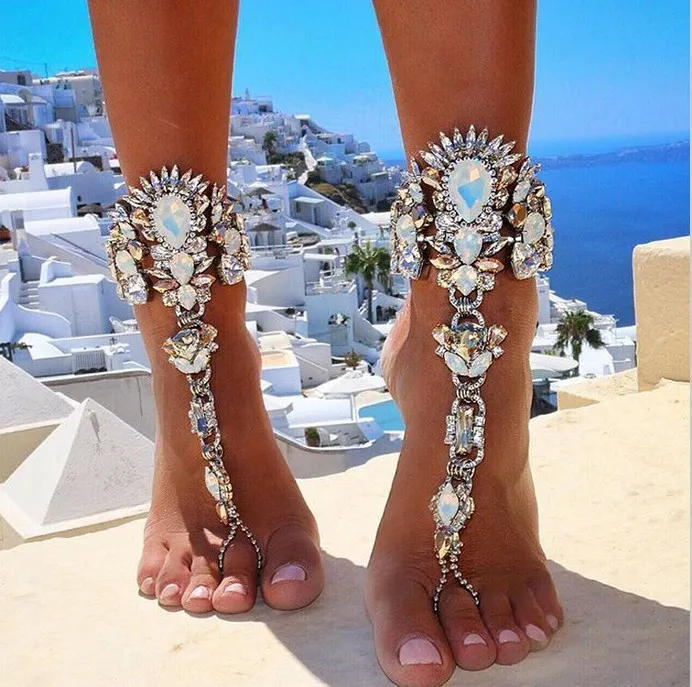 Nova moda nupcial mãos tornozelo pulseira jóias corrente praia férias sexy perna corrente feminino cristal tornozeleira pé torta luxuoso8351142