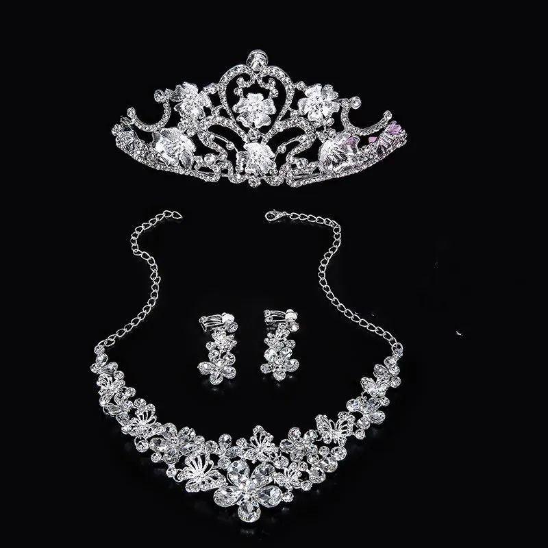 Nouveau pas cher ensemble couronnes collier boucles d'oreilles alliage cristal paillettes bijoux de mariée accessoires diadèmes de mariage coiffes cheveux