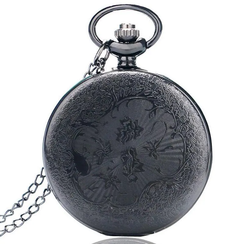 Vintage Charm Black Unisex Fashion Roman Number Quartz Steampunk Pocket Watch Women Man Necklace Pendant with Chain Gifts268t