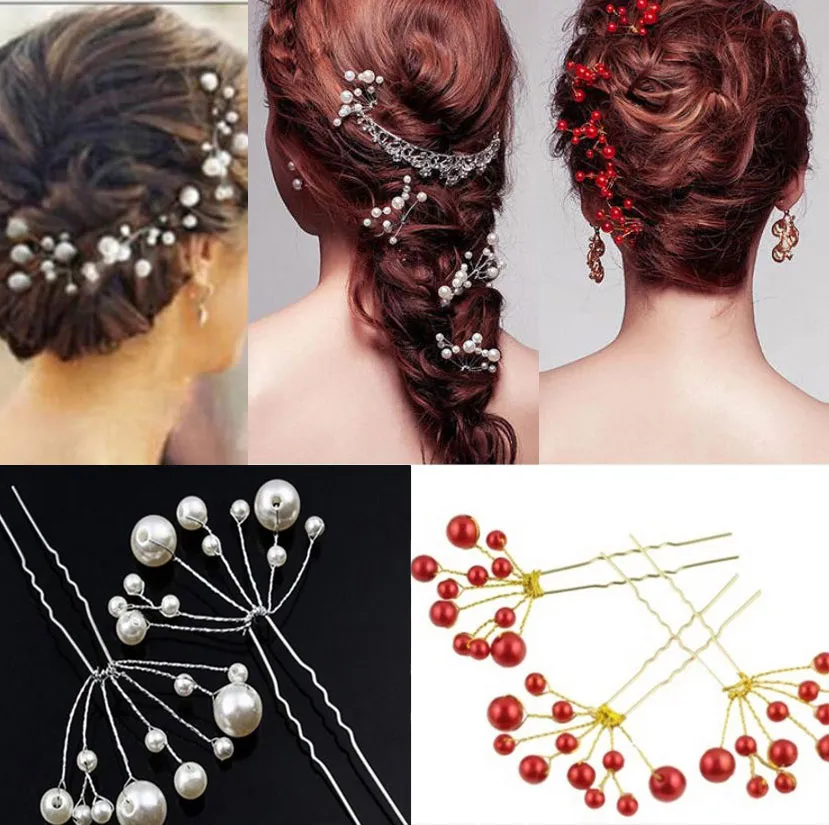 New Arrival White Red Fuchsia Wedding Hair Pins for Bridal Pearls Bridal Hair Pins Headpieces U Hairpin Fork Hair Pearl Flower