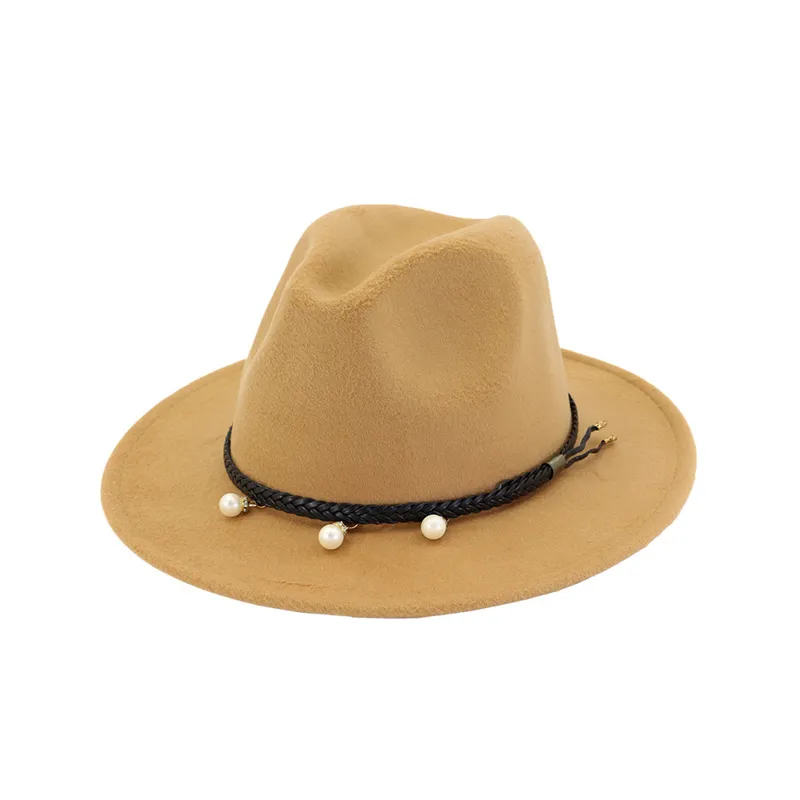 Unisex 12 colores clásico Jazz negro cinta perla decorada lana fieltro Fedora sombreros mujeres Panamá Jazz Trilby Derby sombrero