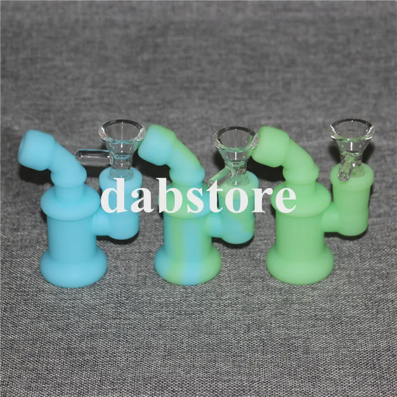 Glow in the dark Silicone Bong Mini Silicone Dab Rig Water Pipes Bong 3.85 inch Bubbler Oil Rig Hookah with Glass Bowl