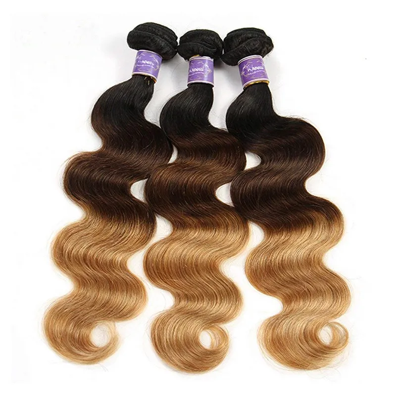 Ombre Human Hair Weaves Body Wave 3 Bundles Colored Three Tone 1B 4 27# Brazilian Ombre Remy Human Hair Extensions Thick Bundles291q