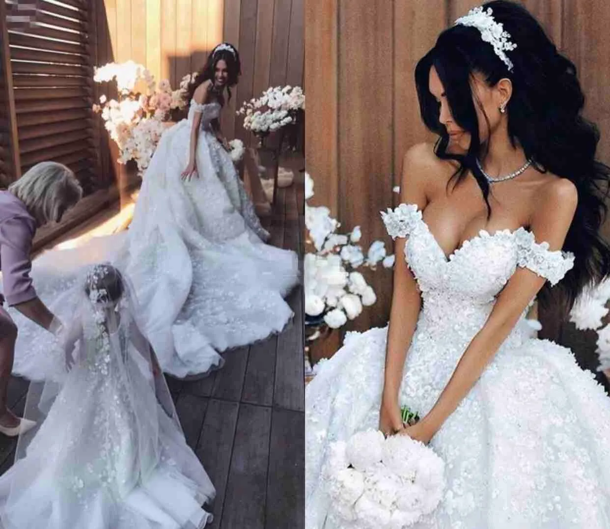 Gorgeous Off The Shoulder Ball Gown Wedding Dresses Flora Lace Appliques Court Train Bridal Gowns Custom Made Saudi Arabic Wedding Vestidos