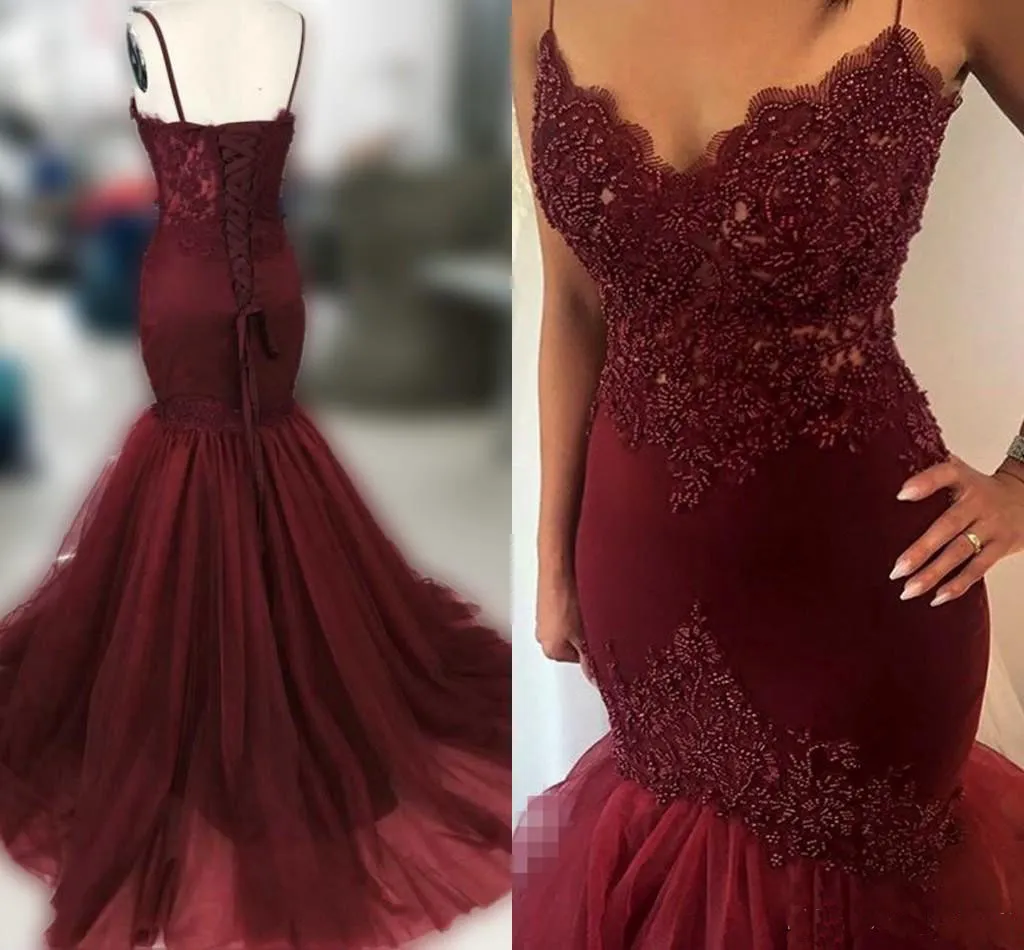 Perles Bourgogne Sirène Robes De Bal Sexy Sheer Bretelles Spaghetti Corset Volants Jupe Balayage Train Robe De Soirée Robe Formelle 2017