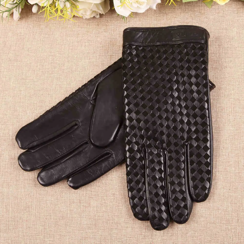 Business Men Genuine Leather Gloves High Quality Goatskin Glove Autumn Winter Plus Thermal Velvet Fashion Woven Plaid EM019NC