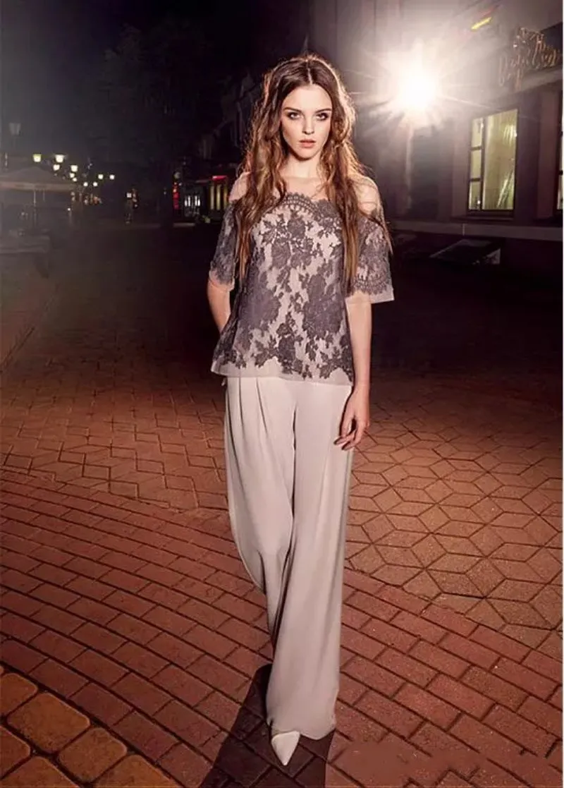 Elegante twee stukken kant Moeder van de bruid broek pakken voor bruiloft met halve mouwen chiffon bruiloft gasten jurk plus size formele jurken