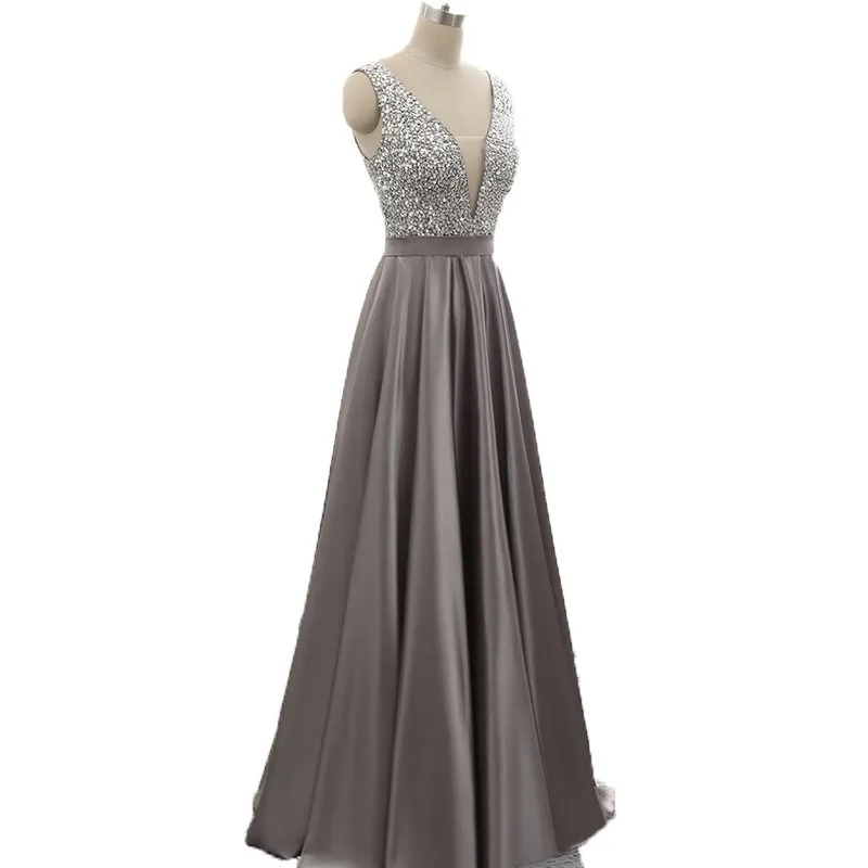 Neuankömmling Abendkleid mit tiefem V-Ausschnitt, A-Linie, Satin, langes Partykleid, Perlen, Pailletten, sexy, offener Rücken, formelle Abendkleider für Damen