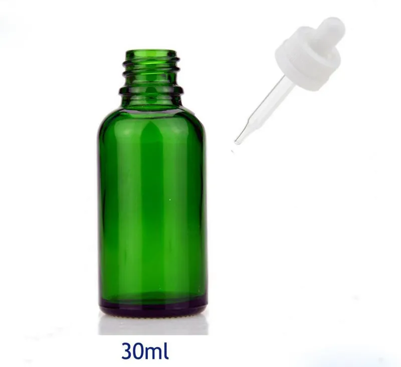 USA Marknad Runda 30ml Green Glass Dropper Flaskor Oljeflaskor 30 ml med barnsäkra kepsar för kosmetiska