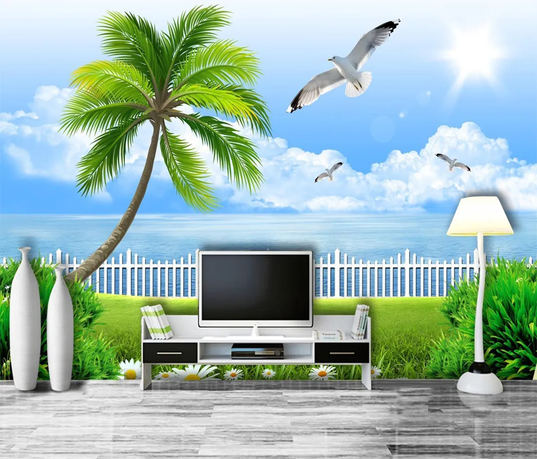 Custom Retail 3D Stereo Seascape Background Wall Painting Blue Sky White Clouds Coconut Tree Bird Seascape Mural