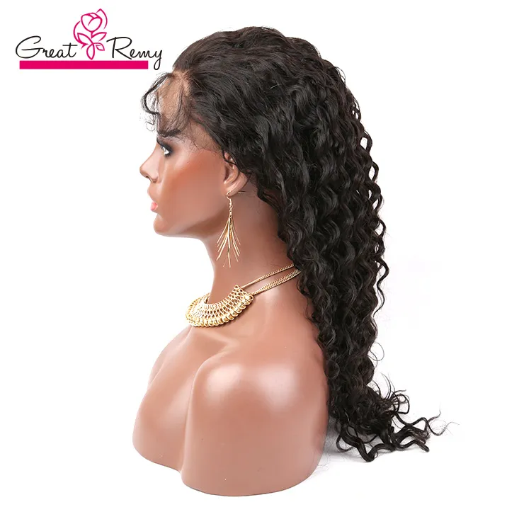 Greatremy® Pré-arrancou profunda curly 360 rendas peruca com cabelo bebê brasileiro cabelo humano virgem espessa 22 * ​​4 * 2 frontal circular com trama no topo