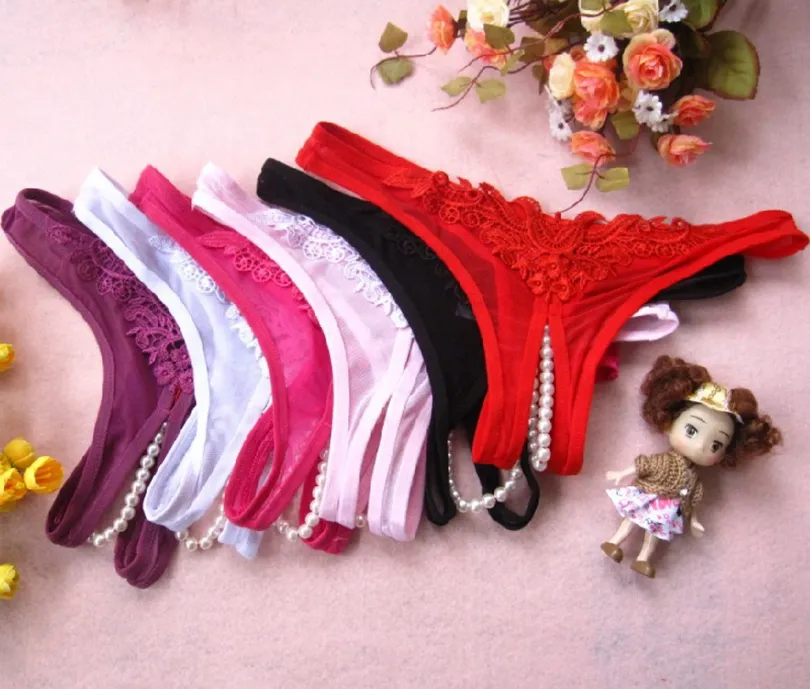 2 pçs / lote 6 Cores Sexy Underwear Pérola Aberta Virilha Calcinha Flor Bikini Tanga G-corda T-back Calcinhas Cuecas Senhoras Mulheres Lingerie