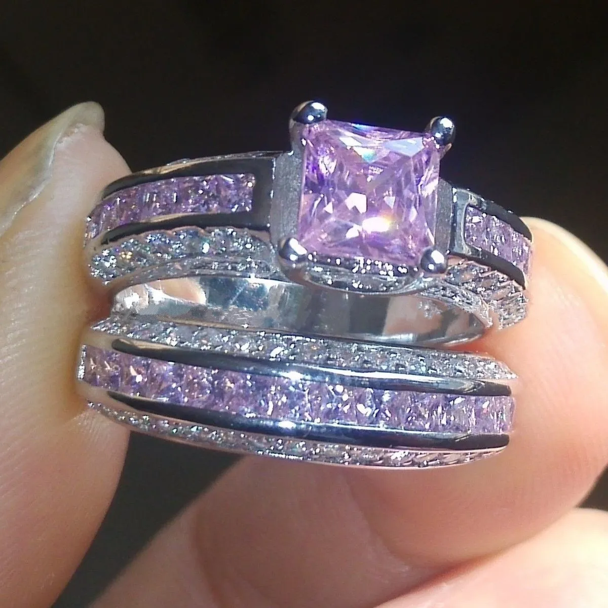 Luxury Size 5/6/7/8/9/10 Smycken 10kt vitguldfylld Rosa Topaz Princess Cut Simulerad Diamant Bröllop Ring Set Present med låda