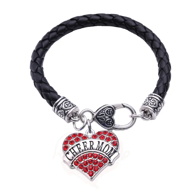 Högkvalitativa Kvinnor Hjärta Armband Cheer Mom Skriven Attraktiva Kristaller Och Mode Läderkedja Zinc Alloy Ge dropshipping