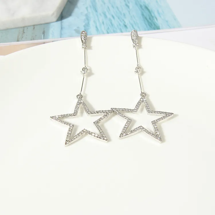 Five-pointed star Dangle & Chandelier rhinestones Fashionable long temperament Stud Earrings Exaggerated Earrings wholesale