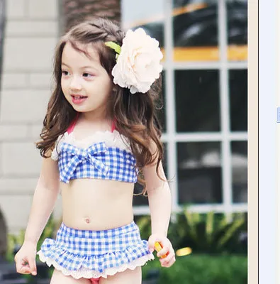 2018 Blue Red Plaid Sling Tops Ruffle Skirt Two-pieces Split Swimsuits Baby Girls Bating Suit Kids Ruffled Swimwear