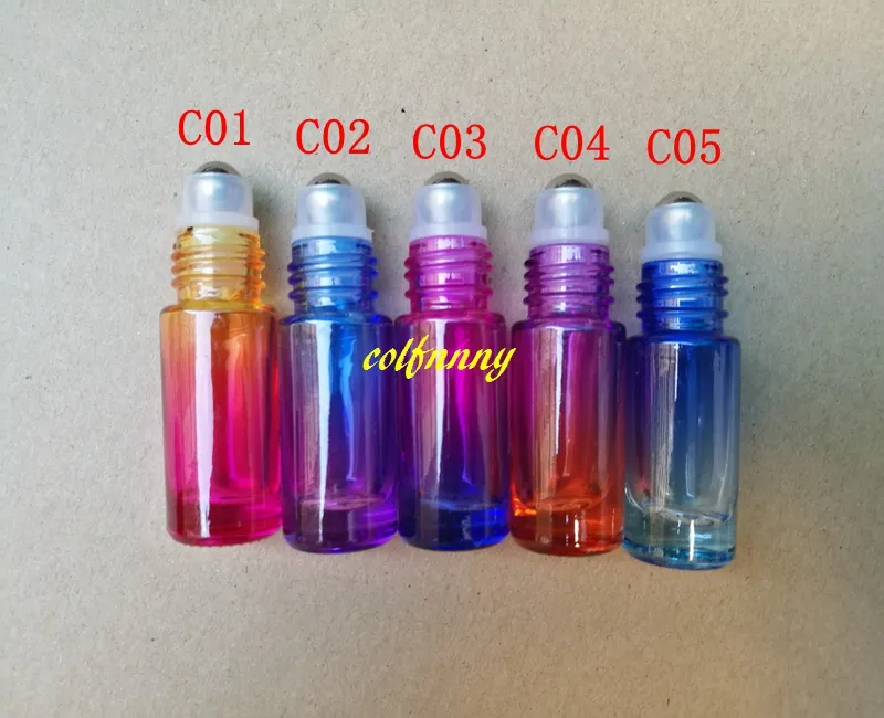 10 sztuk / partia 20 * 63mm Grube 5 ml Gradient Kolor Szklany Rolka na butelce Olej Essential Oil Puste stalowe butelek kulkowe C2202