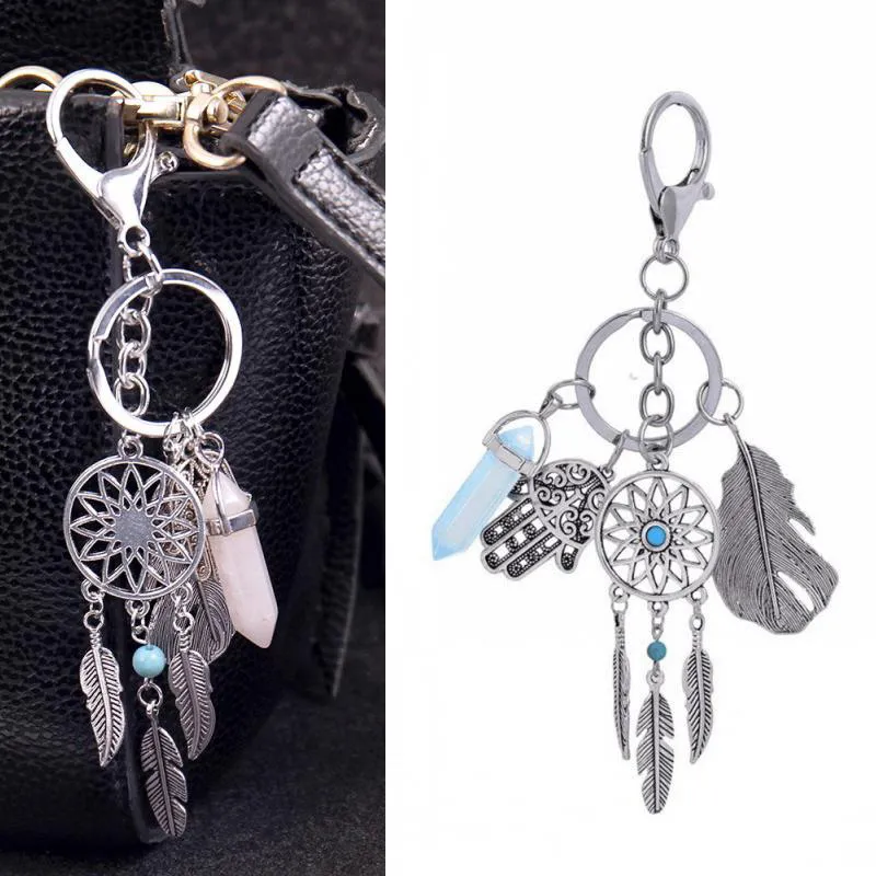 Dream Catcher Keyring Bag Charm Fashion Silver Boho Jewelry Leaf Hexagon Column Pendant Keychain For Women