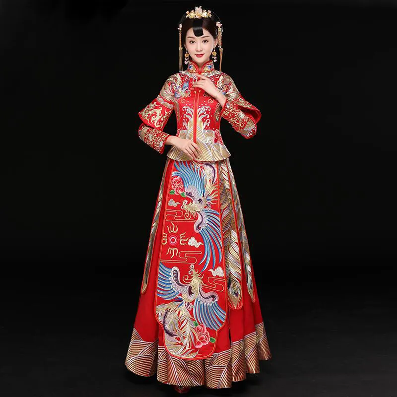 Vintage vermelho noiva casar vestido antigo vestido bordado fênix traje real tradicional chinês feminino casamento cheongsam roupas étnicas