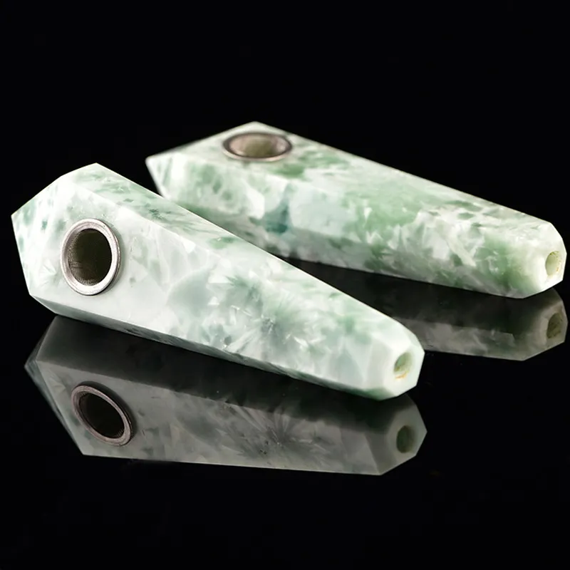 Grön Jasper Gemstone Pipe Handgjorda Gorgeous Pointed Natural Jade Stone Dragon Snowflake Green Agate Tobacco Rökning Pipes Tillbehör