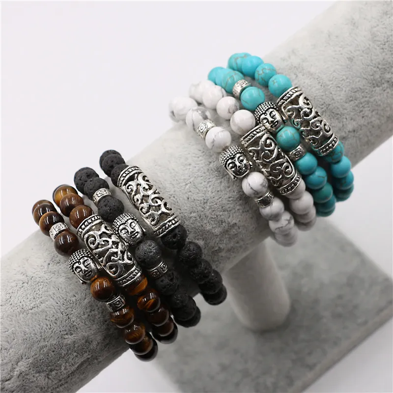 Retro Buddha Türkis Lavagestein Perlenarmbänder Stränge Yoga Naturstein Buddha Armband für Frauen Männer Modeschmuck Wille und sandiges Geschenk