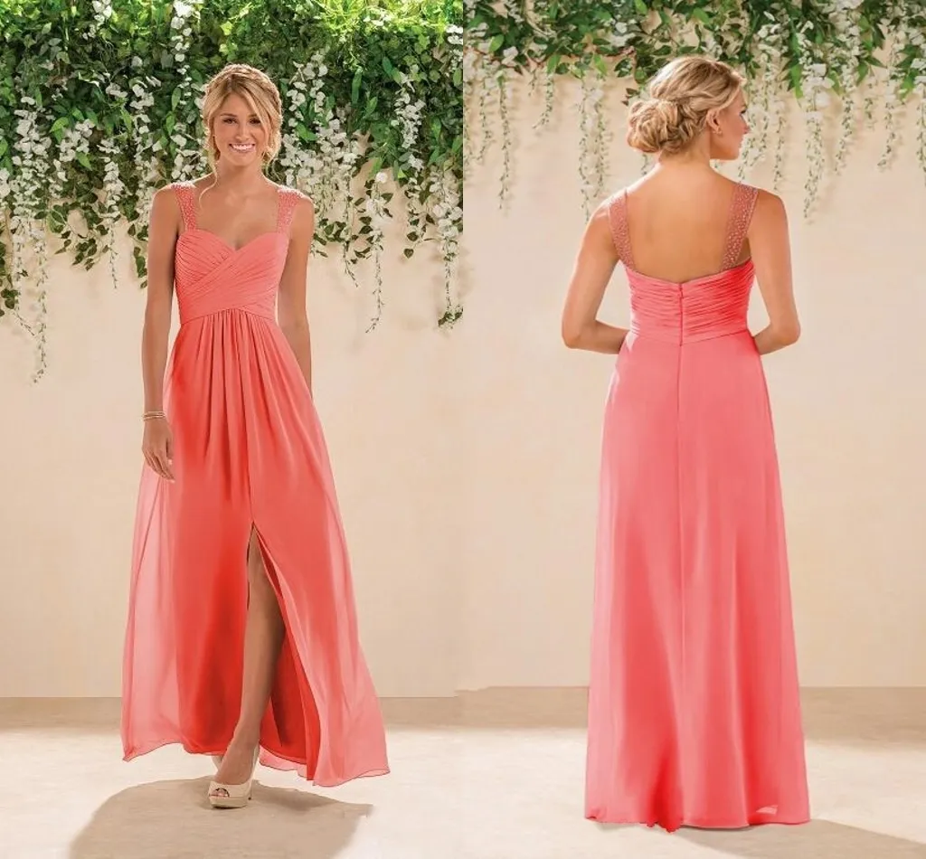 Chiffon Coral Country Long A line Bridesmaids Dress Spaghetti Straps  Backless Crystals Beaded Prom Gowns Formal Dresses Gowns HY4165